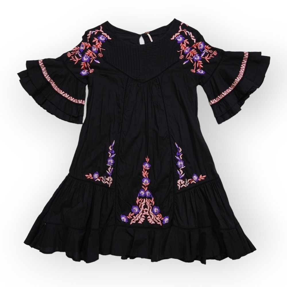 Free People Dress Womens S Perfectly Victorian Black Boho Embroidered Mini Fairy